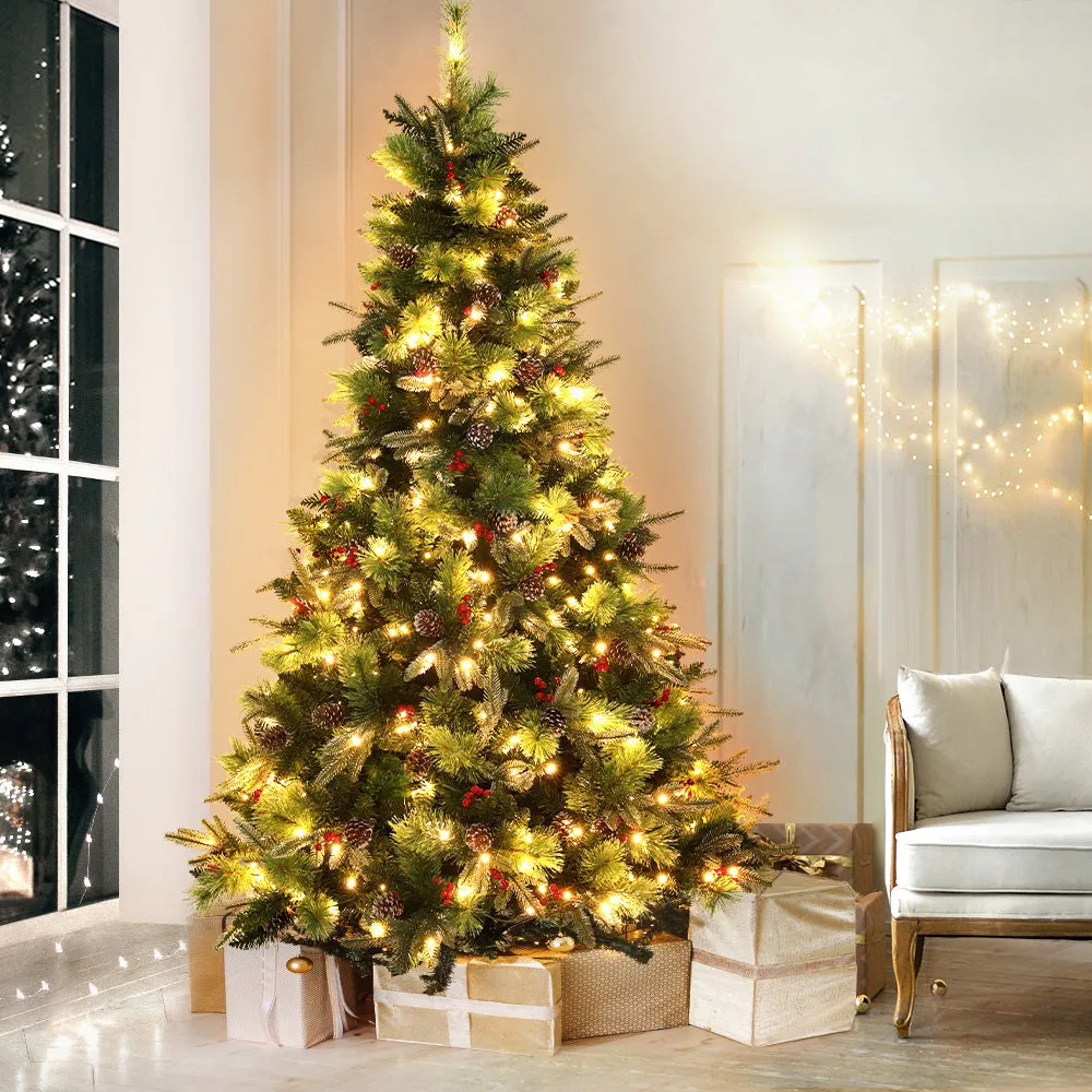 Jollys 2.1M Christmas Tree with Pine Cones Red Berries Prelit LED Warm Lights