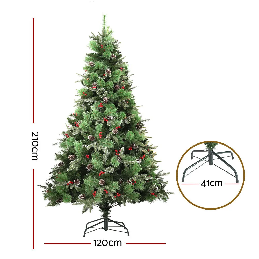 Jollys 2.1M Christmas Tree with Pine Cones Red Berries Prelit LED Warm Lights