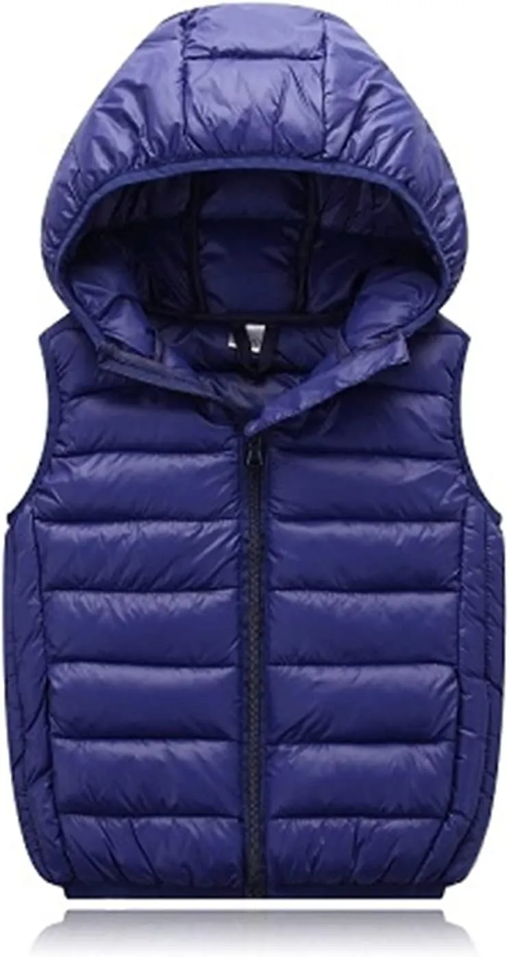 KAGAYD Kids Boys Girls Puffer Hooded Vest Winter Warm Sleeveless Padded Vest Jacket Solid Color Zip-up Outwear