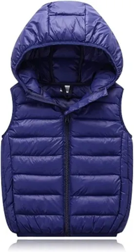 KAGAYD Kids Boys Girls Puffer Hooded Vest Winter Warm Sleeveless Padded Vest Jacket Solid Color Zip-up Outwear