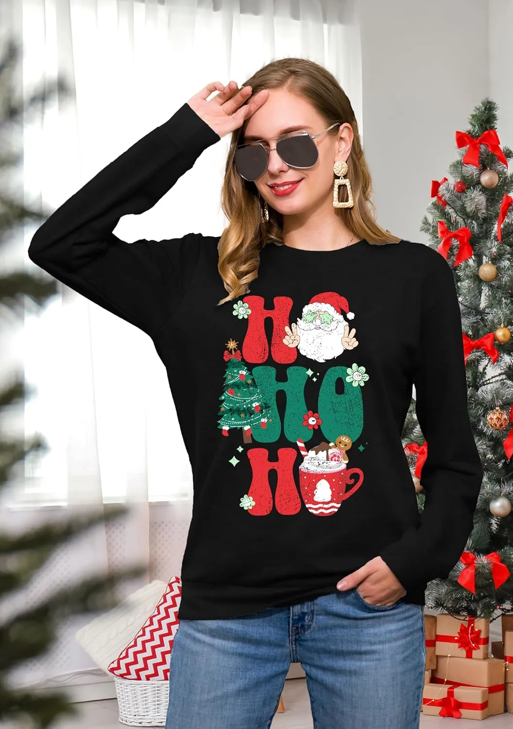LHBNK Merry Christmas Sweatshirts HoHoHo Christmas Shirt Women Funny Santa Print Graphic Tee Casual Long Sleeve Blouse Tops