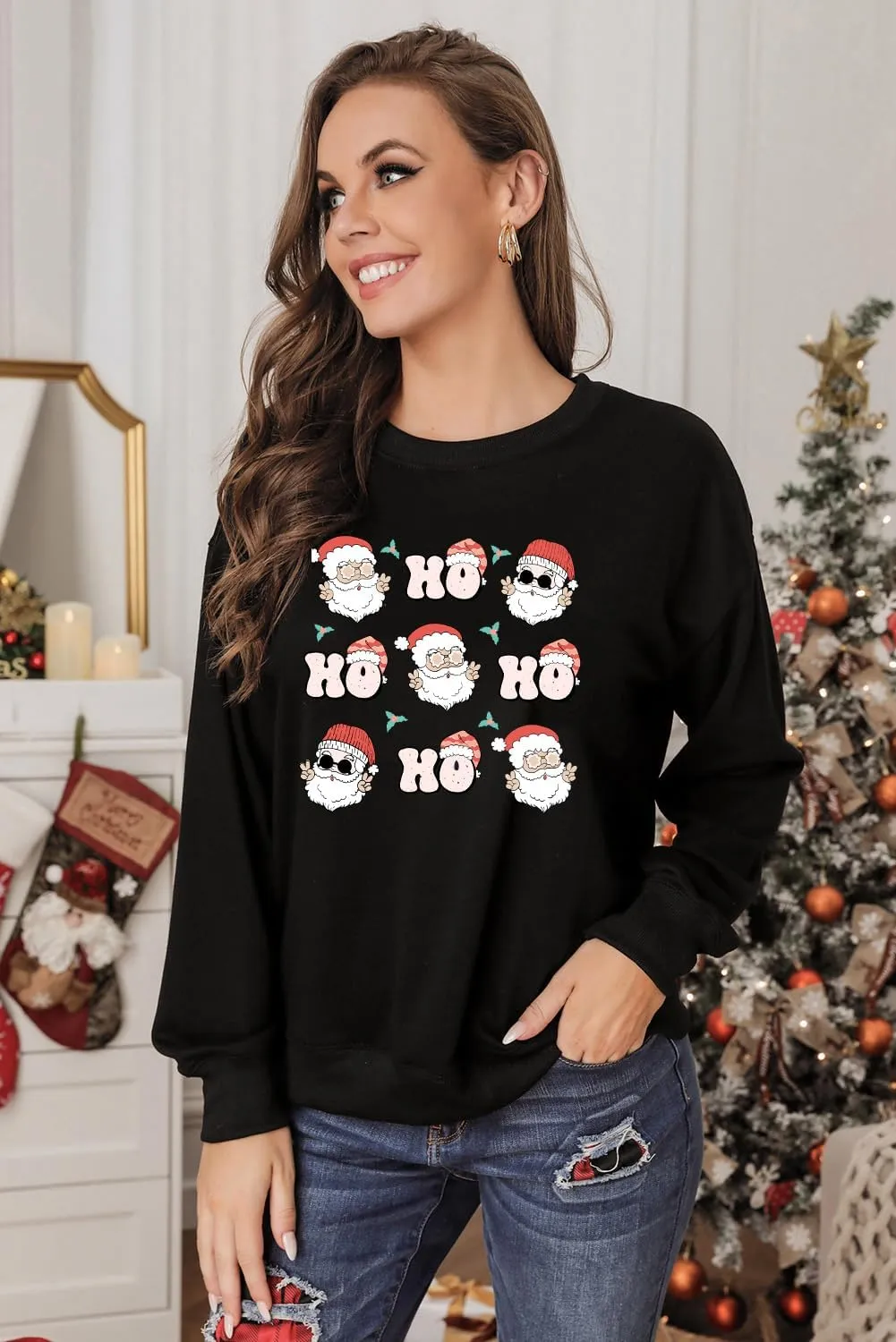 LHBNK Merry Christmas Sweatshirts HoHoHo Christmas Shirt Women Funny Santa Print Graphic Tee Casual Long Sleeve Blouse Tops
