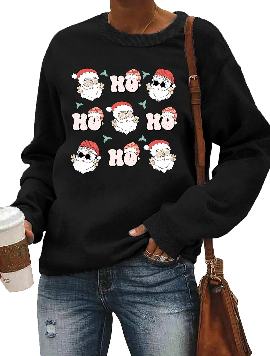 LHBNK Merry Christmas Sweatshirts HoHoHo Christmas Shirt Women Funny Santa Print Graphic Tee Casual Long Sleeve Blouse Tops