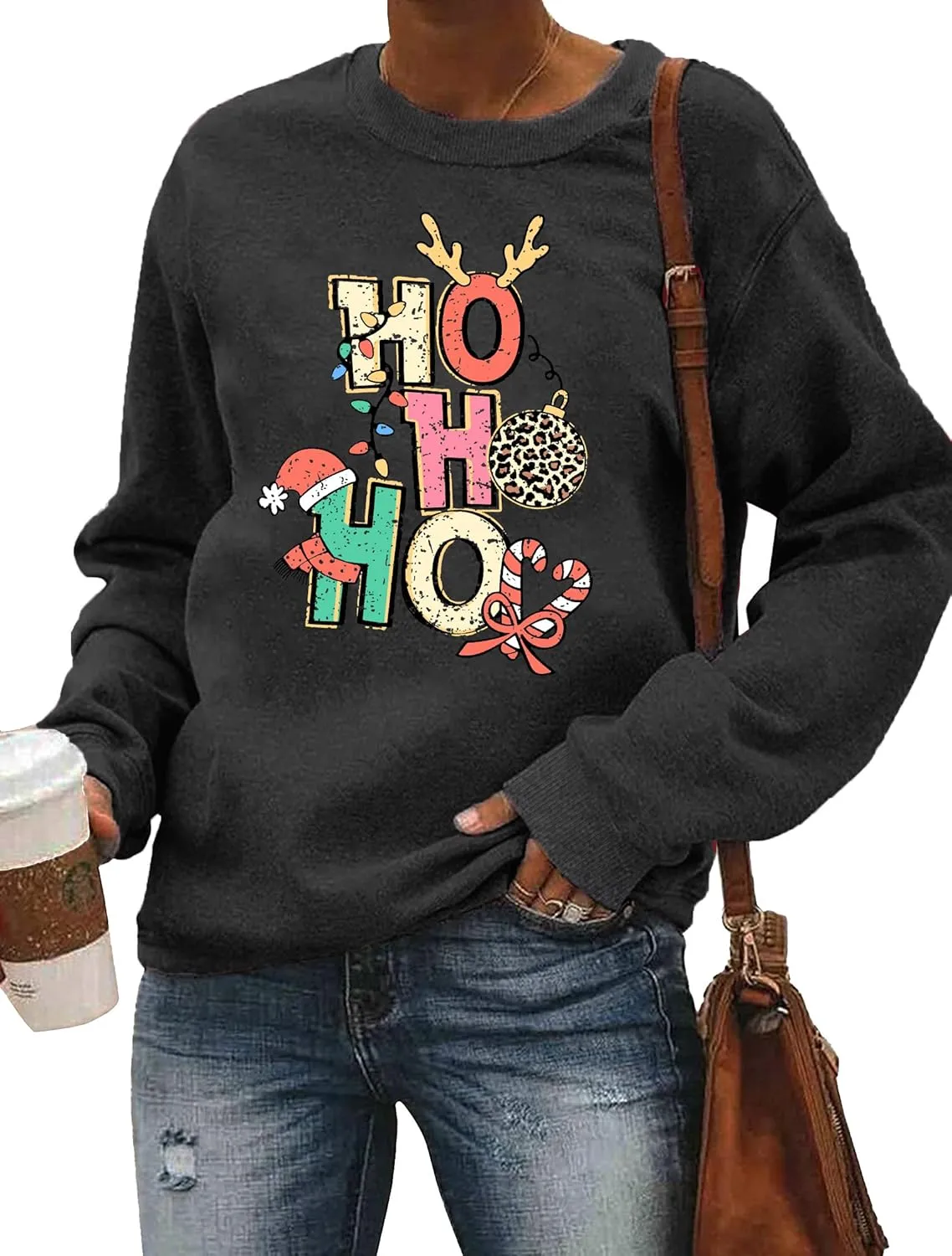 LHBNK Merry Christmas Sweatshirts HoHoHo Christmas Shirt Women Funny Santa Print Graphic Tee Casual Long Sleeve Blouse Tops