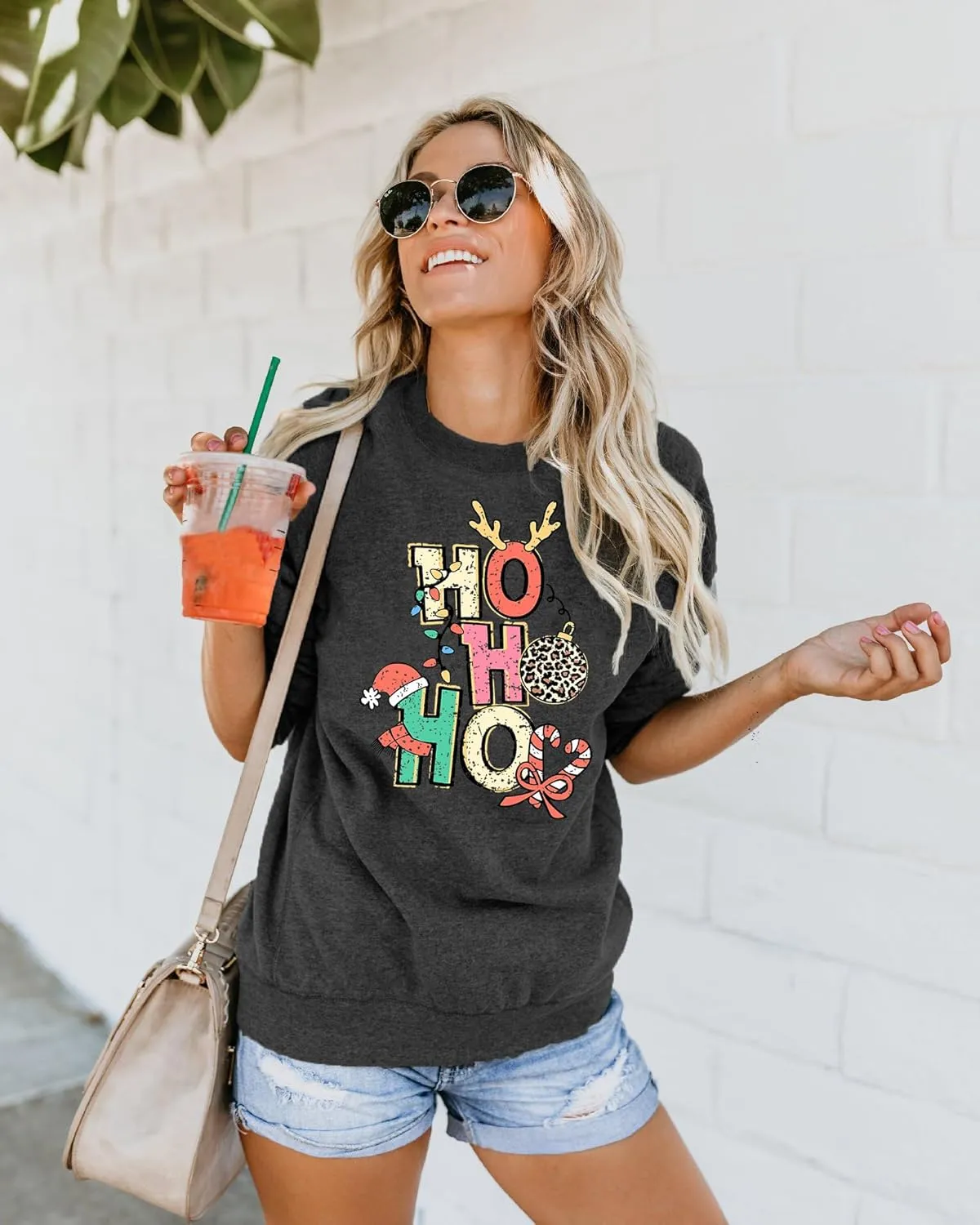 LHBNK Merry Christmas Sweatshirts HoHoHo Christmas Shirt Women Funny Santa Print Graphic Tee Casual Long Sleeve Blouse Tops