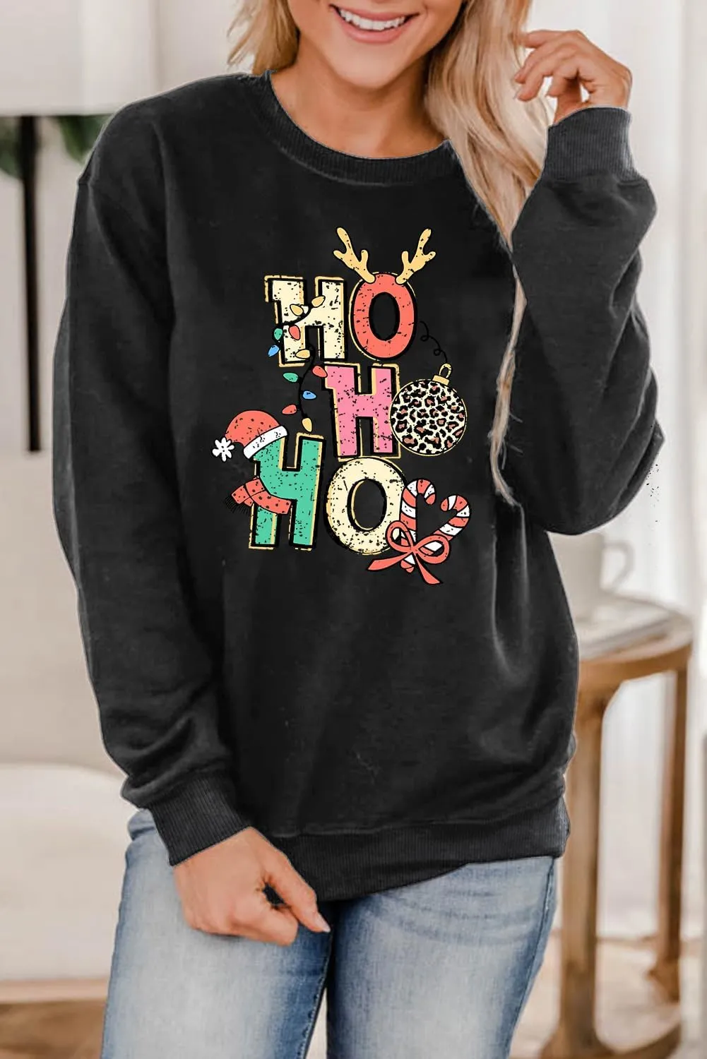 LHBNK Merry Christmas Sweatshirts HoHoHo Christmas Shirt Women Funny Santa Print Graphic Tee Casual Long Sleeve Blouse Tops