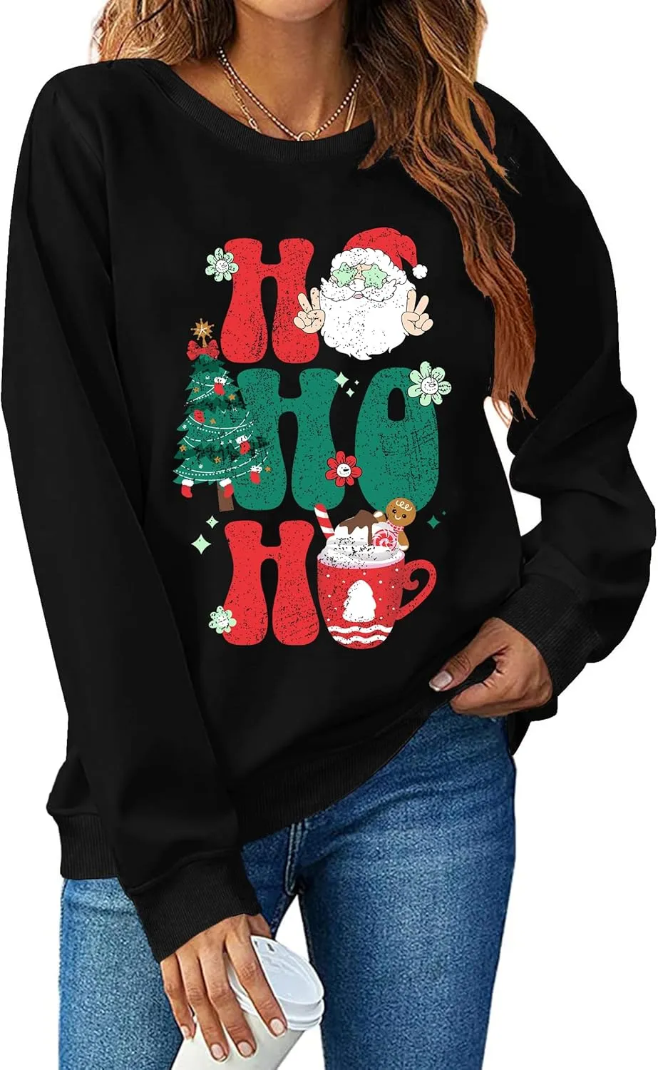 LHBNK Merry Christmas Sweatshirts HoHoHo Christmas Shirt Women Funny Santa Print Graphic Tee Casual Long Sleeve Blouse Tops