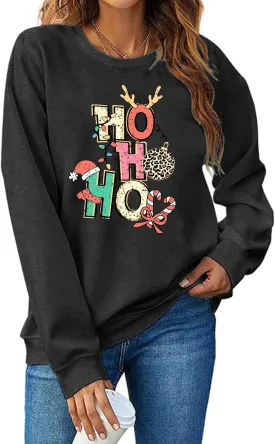 LHBNK Merry Christmas Sweatshirts HoHoHo Christmas Shirt Women Funny Santa Print Graphic Tee Casual Long Sleeve Blouse Tops