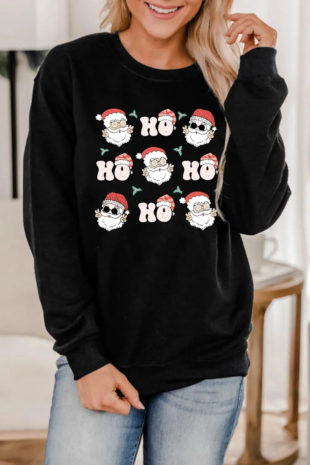 LHBNK Merry Christmas Sweatshirts HoHoHo Christmas Shirt Women Funny Santa Print Graphic Tee Casual Long Sleeve Blouse Tops