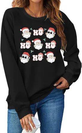 LHBNK Merry Christmas Sweatshirts HoHoHo Christmas Shirt Women Funny Santa Print Graphic Tee Casual Long Sleeve Blouse Tops