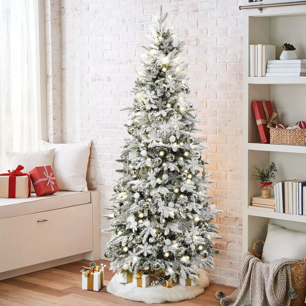 LuxenHome 6Ft Pre-Lit Snow Flocked Pop-Up Artificial Christmas Tree