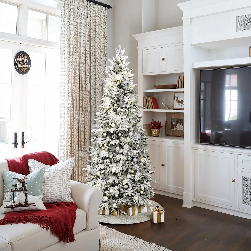 LuxenHome 6Ft Pre-Lit Snow Flocked Pop-Up Artificial Christmas Tree