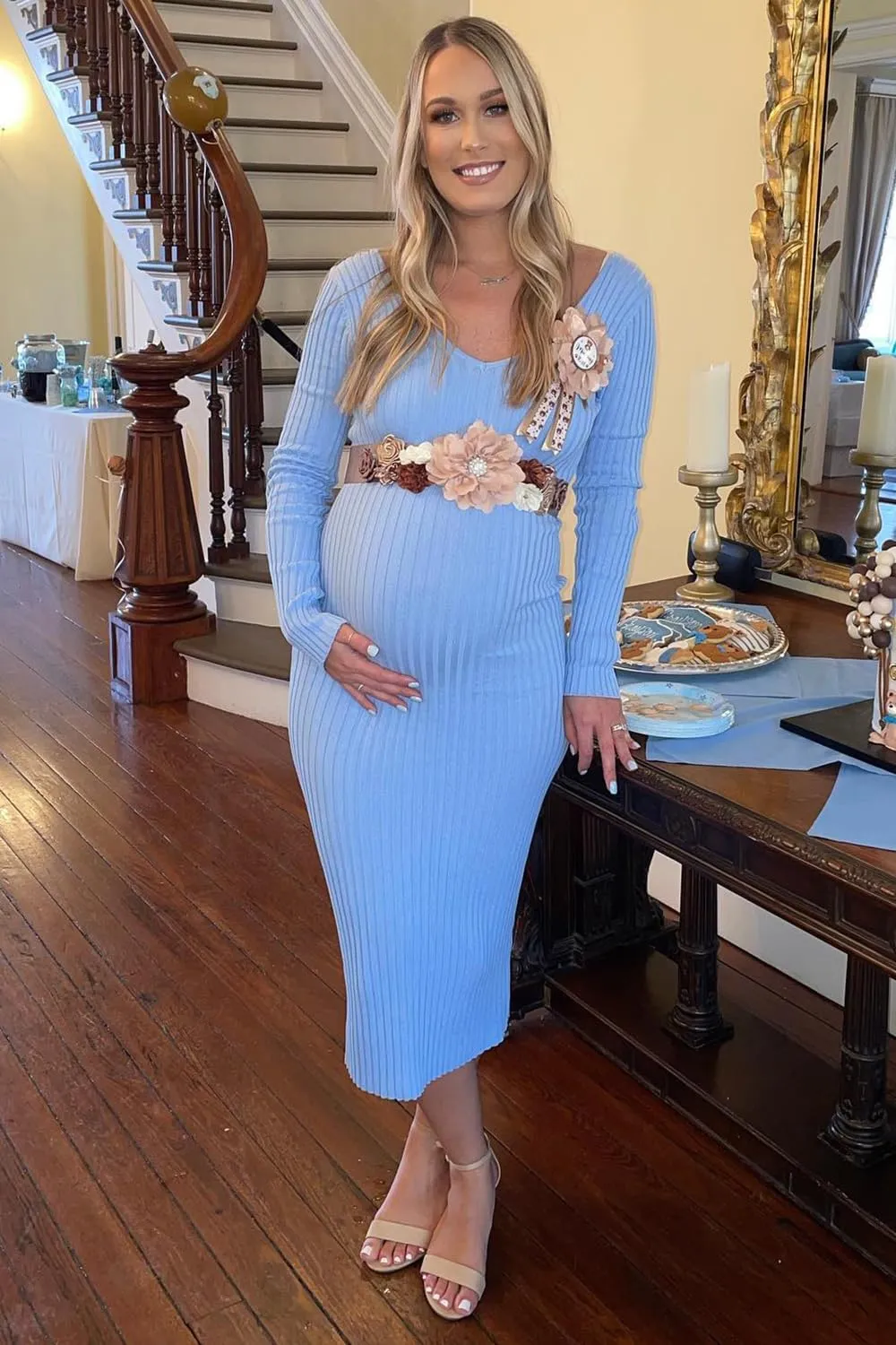 Maternity Dress Long Sleeve V Neck Knit Stretchable Sweater Dresses Pregnancy Clothes for Photoshoot Baby Shower