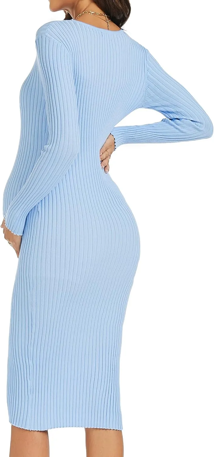 Maternity Dress Long Sleeve V Neck Knit Stretchable Sweater Dresses Pregnancy Clothes for Photoshoot Baby Shower