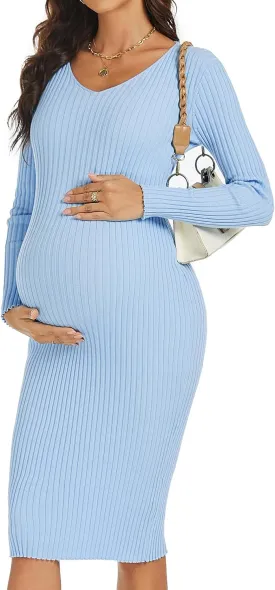 Maternity Dress Long Sleeve V Neck Knit Stretchable Sweater Dresses Pregnancy Clothes for Photoshoot Baby Shower