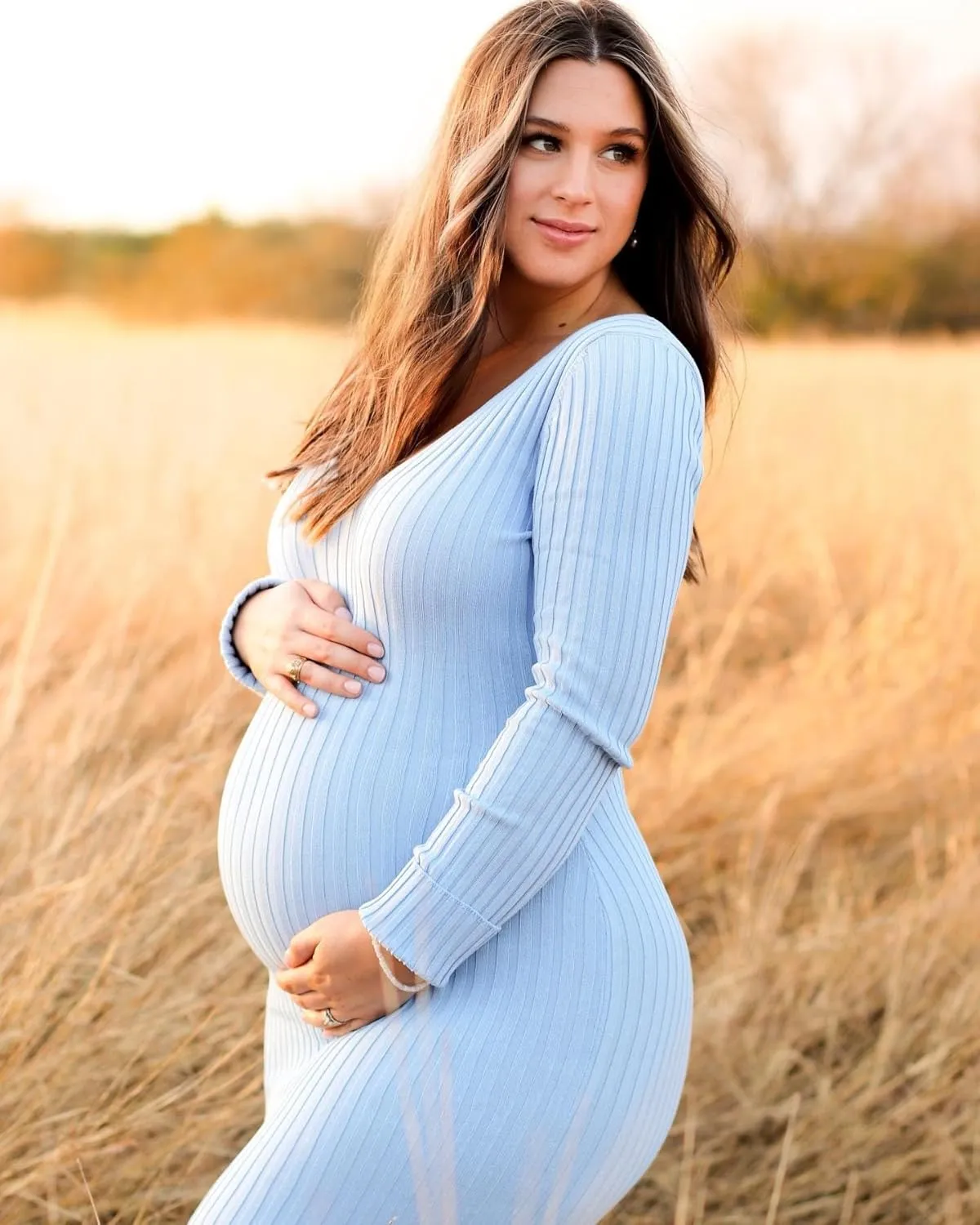 Maternity Dress Long Sleeve V Neck Knit Stretchable Sweater Dresses Pregnancy Clothes for Photoshoot Baby Shower