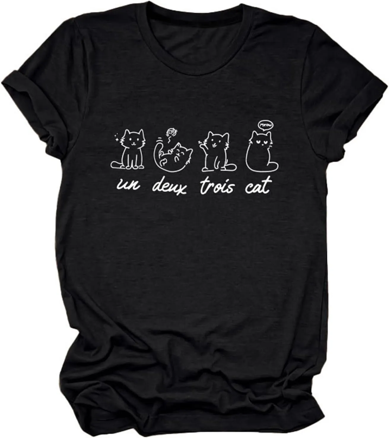 Meow Un Deux Trois Cat Shirt, Meow Cat Cute Graphic Tees for Women Pet Lover Short Sleeve Summer Tops