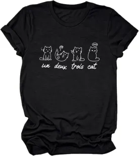Meow Un Deux Trois Cat Shirt, Meow Cat Cute Graphic Tees for Women Pet Lover Short Sleeve Summer Tops
