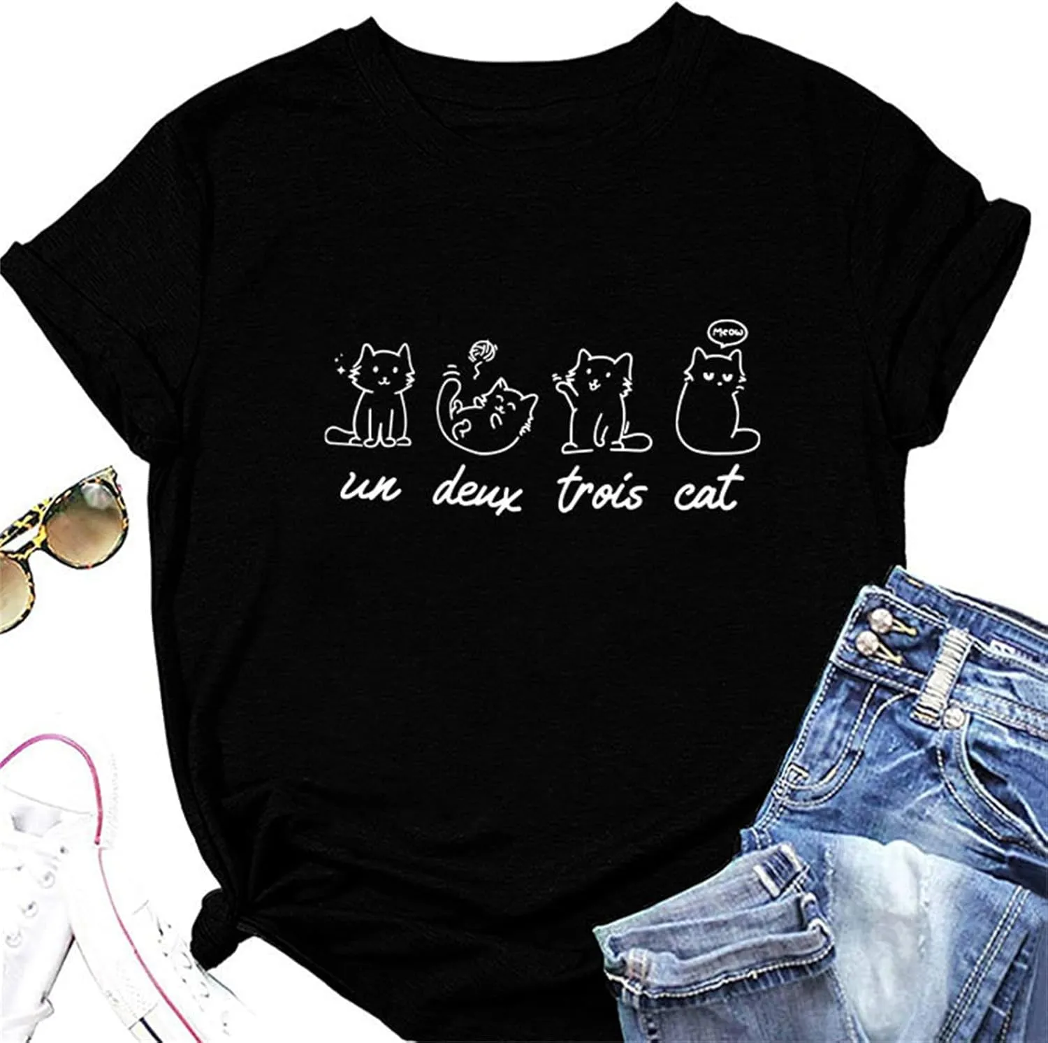 Meow Un Deux Trois Cat Shirt, Meow Cat Cute Graphic Tees for Women Pet Lover Short Sleeve Summer Tops
