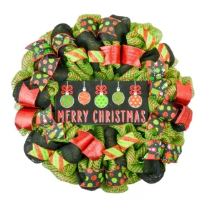 Merry Christmas Ornament Wreath - Holiday Mesh Front Door Decor