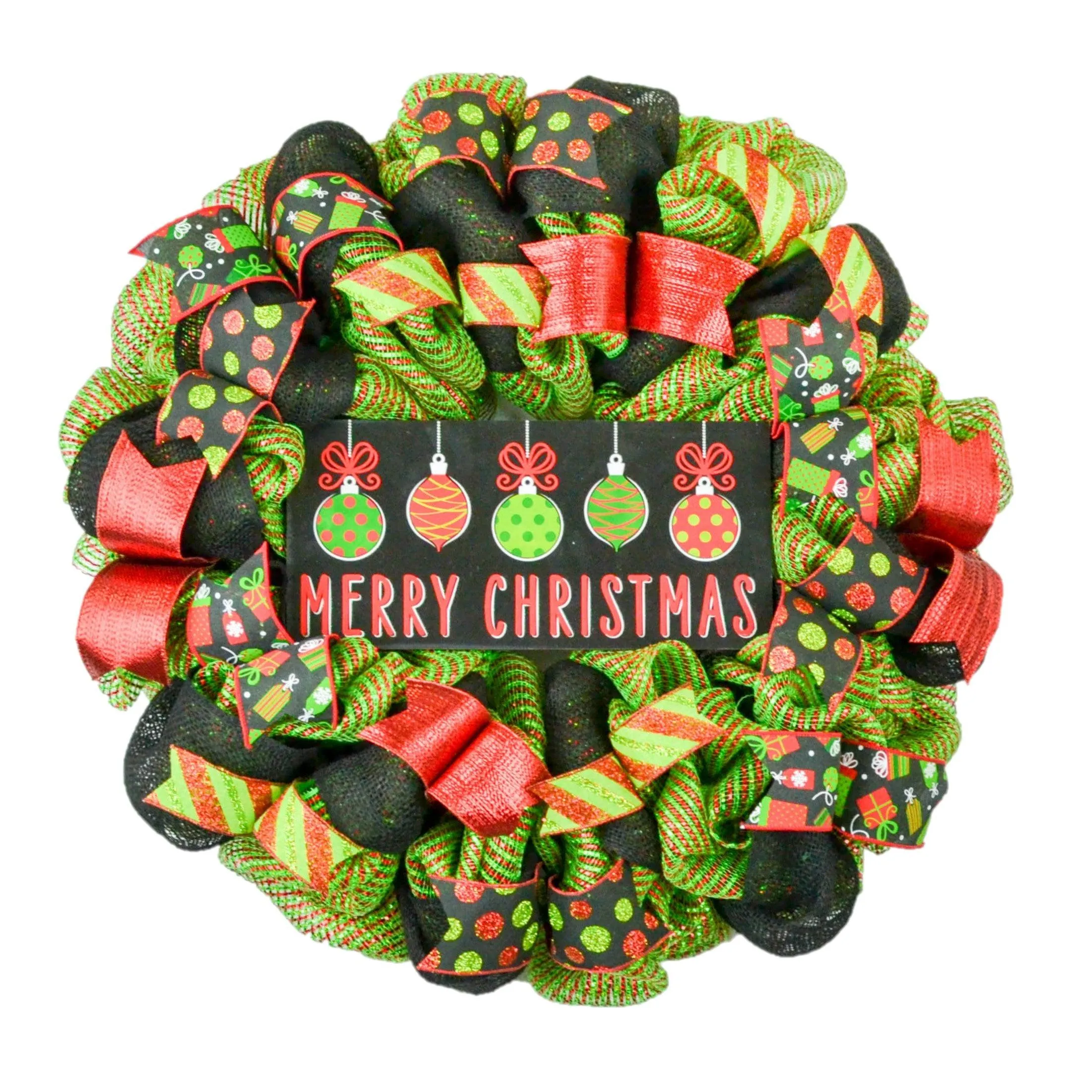 Merry Christmas Ornament Wreath - Holiday Mesh Front Door Decor