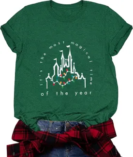 Merry Christmas Shirt Women Magical Christmas T-Shirt Christmas Lights tee Family Holiday Vacation Tops