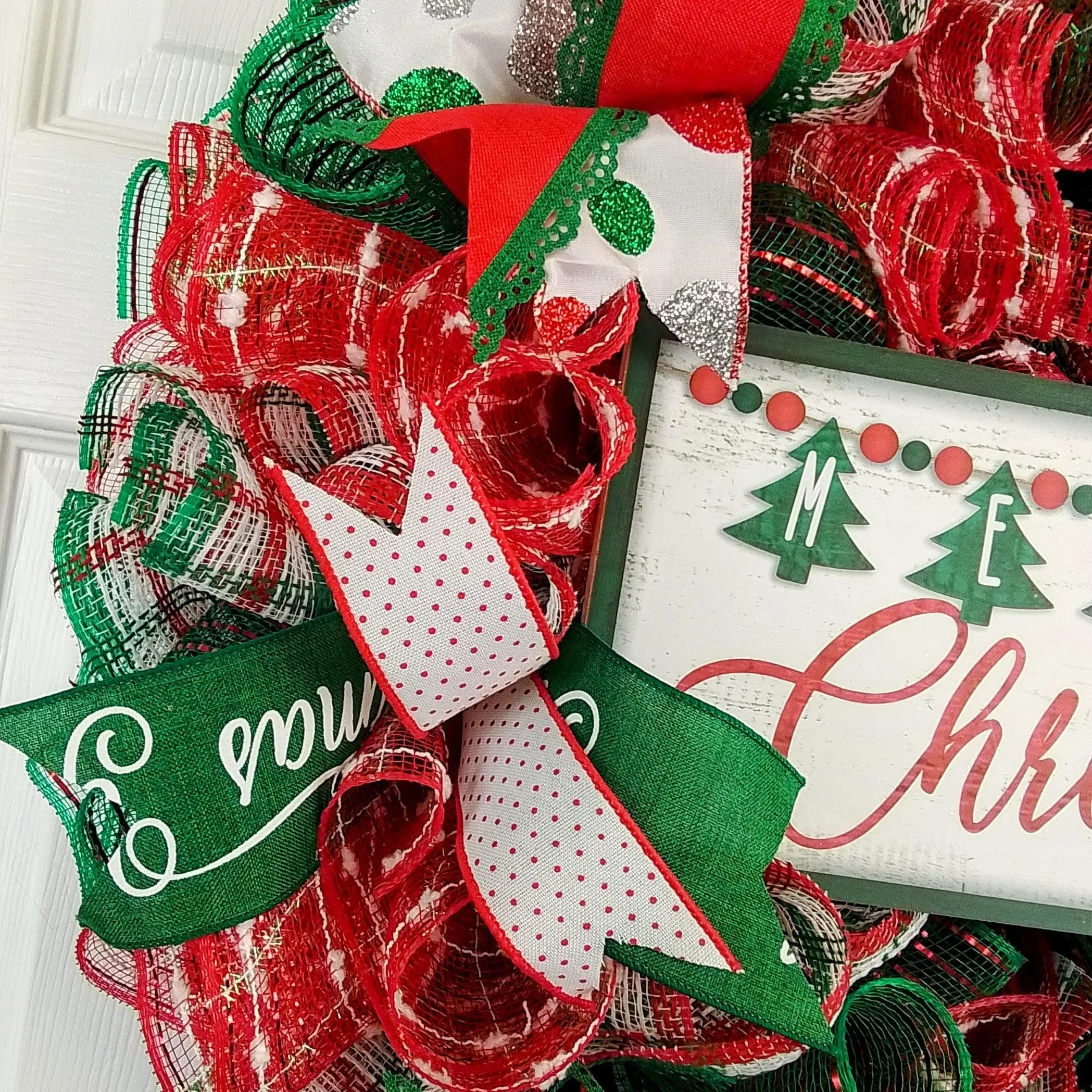 Merry Christmas Wreath - Xmas Holiday Decoration Front Door Wreaths - Red Emerald Green White Christmas Trees