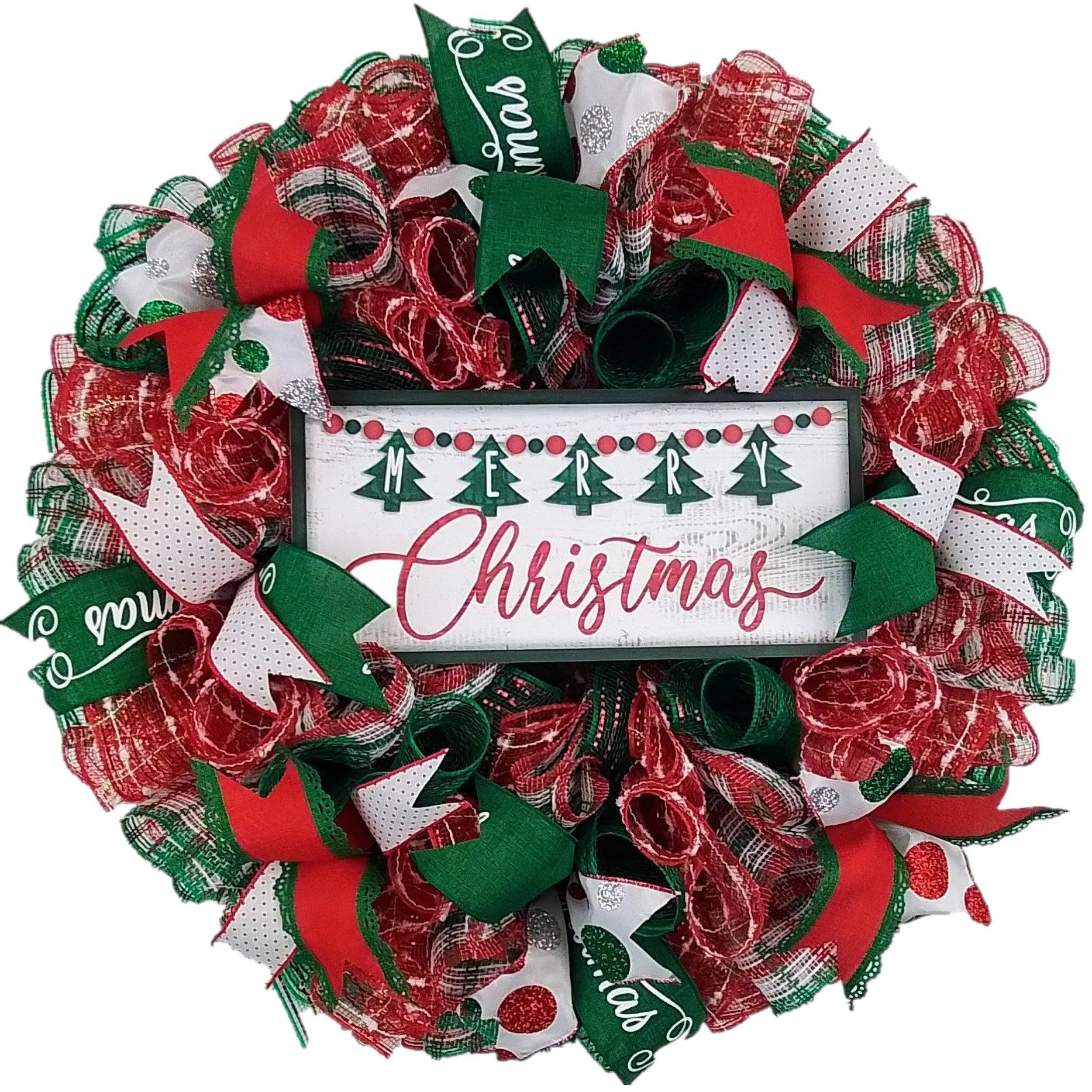 Merry Christmas Wreath - Xmas Holiday Decoration Front Door Wreaths - Red Emerald Green White Christmas Trees