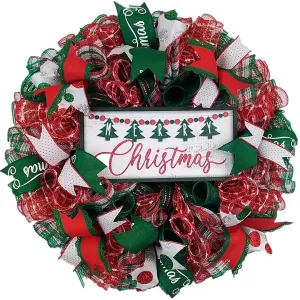 Merry Christmas Wreath - Xmas Holiday Decoration Front Door Wreaths - Red Emerald Green White Christmas Trees