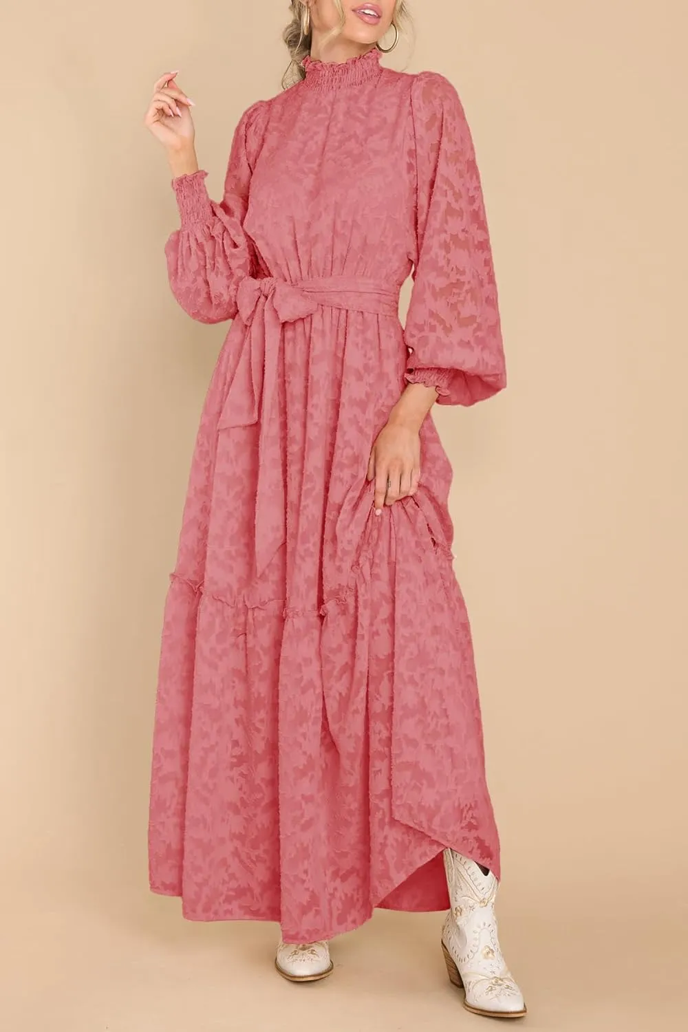 MITILLY Women's Fall Dresses Elegant Floral High Neck Long Sleeve Elastic Waist Formal Maxi Dress with Belt