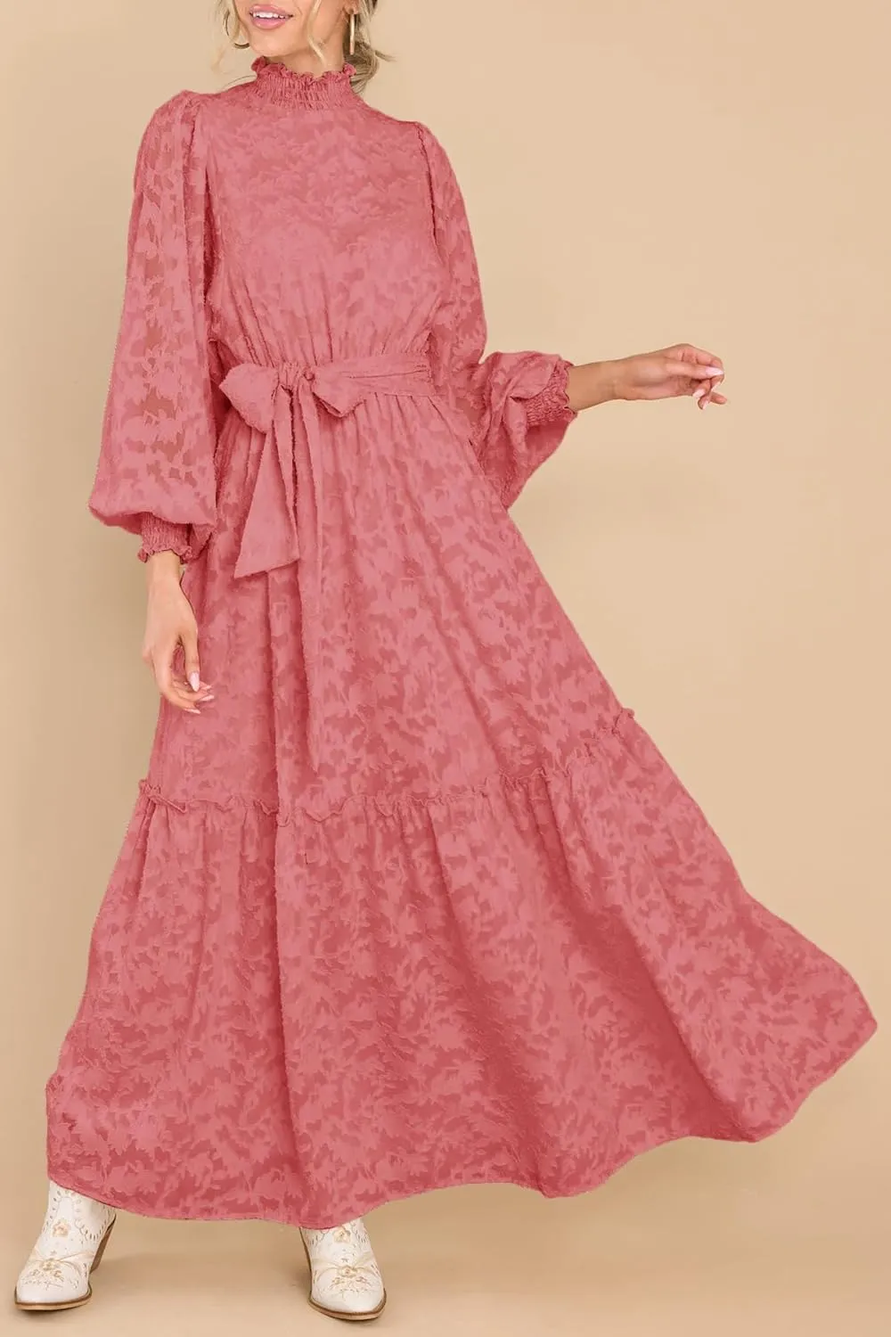 MITILLY Women's Fall Dresses Elegant Floral High Neck Long Sleeve Elastic Waist Formal Maxi Dress with Belt