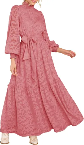 MITILLY Women's Fall Dresses Elegant Floral High Neck Long Sleeve Elastic Waist Formal Maxi Dress with Belt