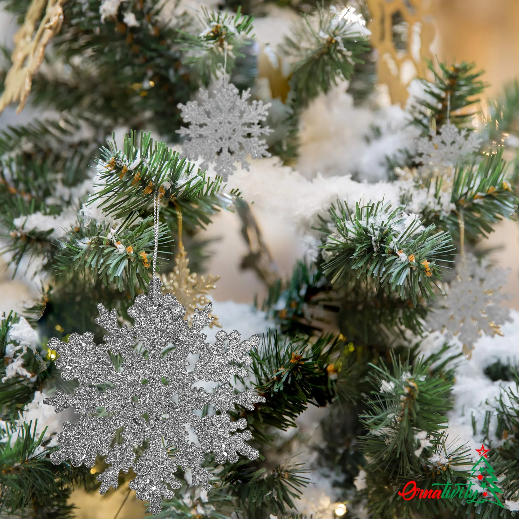 Ornativity Glitter Snowflake Ornaments - Holiday Wedding Plastic Sparkling Hanging Snowflakes  Pack of 24