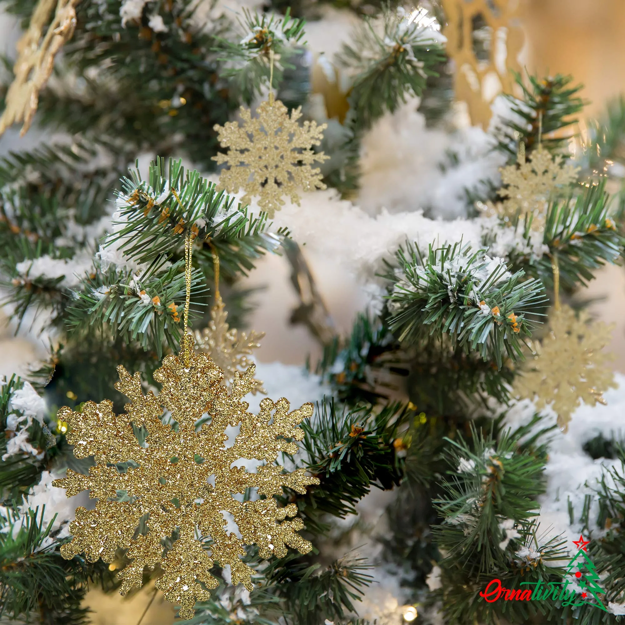 Ornativity Glitter Snowflake Ornaments - Holiday Wedding Plastic Sparkling Hanging Snowflakes  Pack of 24