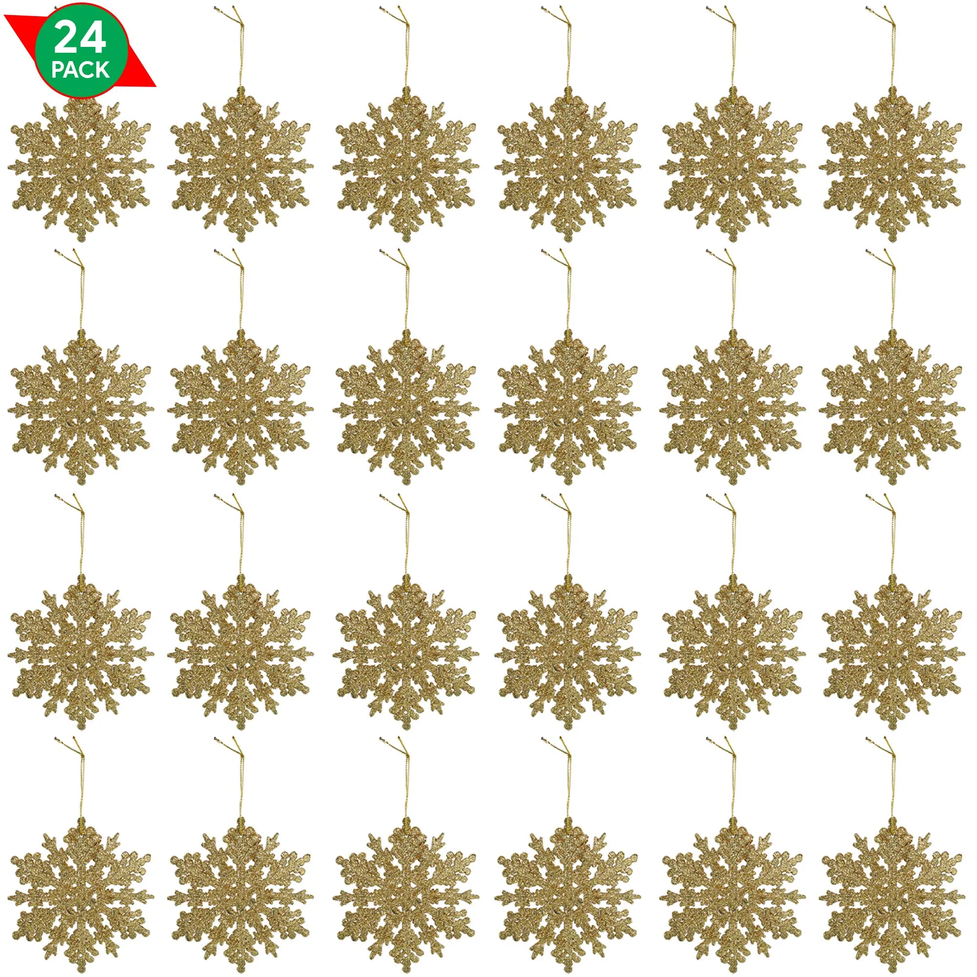 Ornativity Glitter Snowflake Ornaments - Holiday Wedding Plastic Sparkling Hanging Snowflakes  Pack of 24