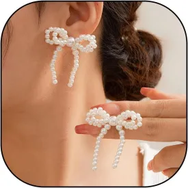 Pearl & Rhinestone Bow Earrings - Dainty Christmas Party Jewelry Gifts for Women