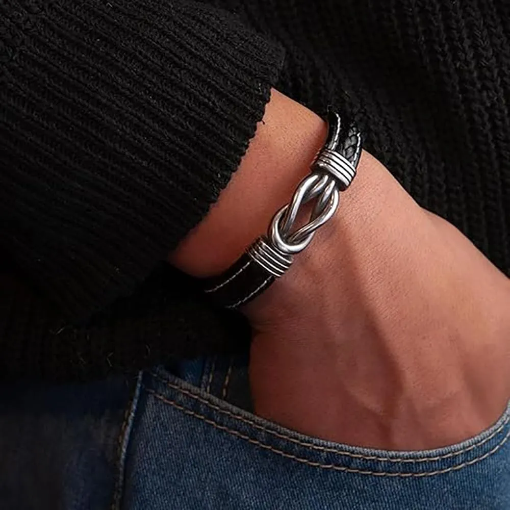 Personalized Son's Infinity Knot Bracelet Gift, To My Son/Grandson Stainless Steel Infinity Knot Leather Engraved with Love You Forever Bracelet Forever Linked Together Jewelry for Birthday Christmas