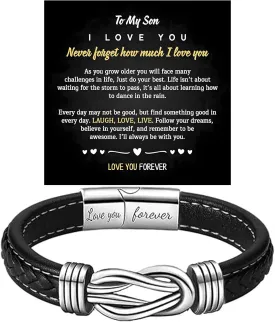 Personalized Son's Infinity Knot Bracelet Gift, To My Son/Grandson Stainless Steel Infinity Knot Leather Engraved with Love You Forever Bracelet Forever Linked Together Jewelry for Birthday Christmas