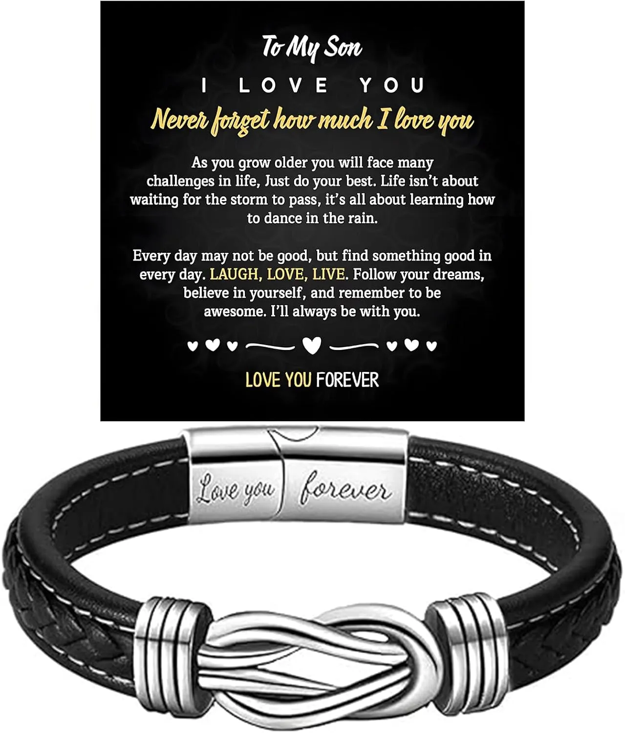 Personalized Son's Infinity Knot Bracelet Gift, To My Son/Grandson Stainless Steel Infinity Knot Leather Engraved with Love You Forever Bracelet Forever Linked Together Jewelry for Birthday Christmas
