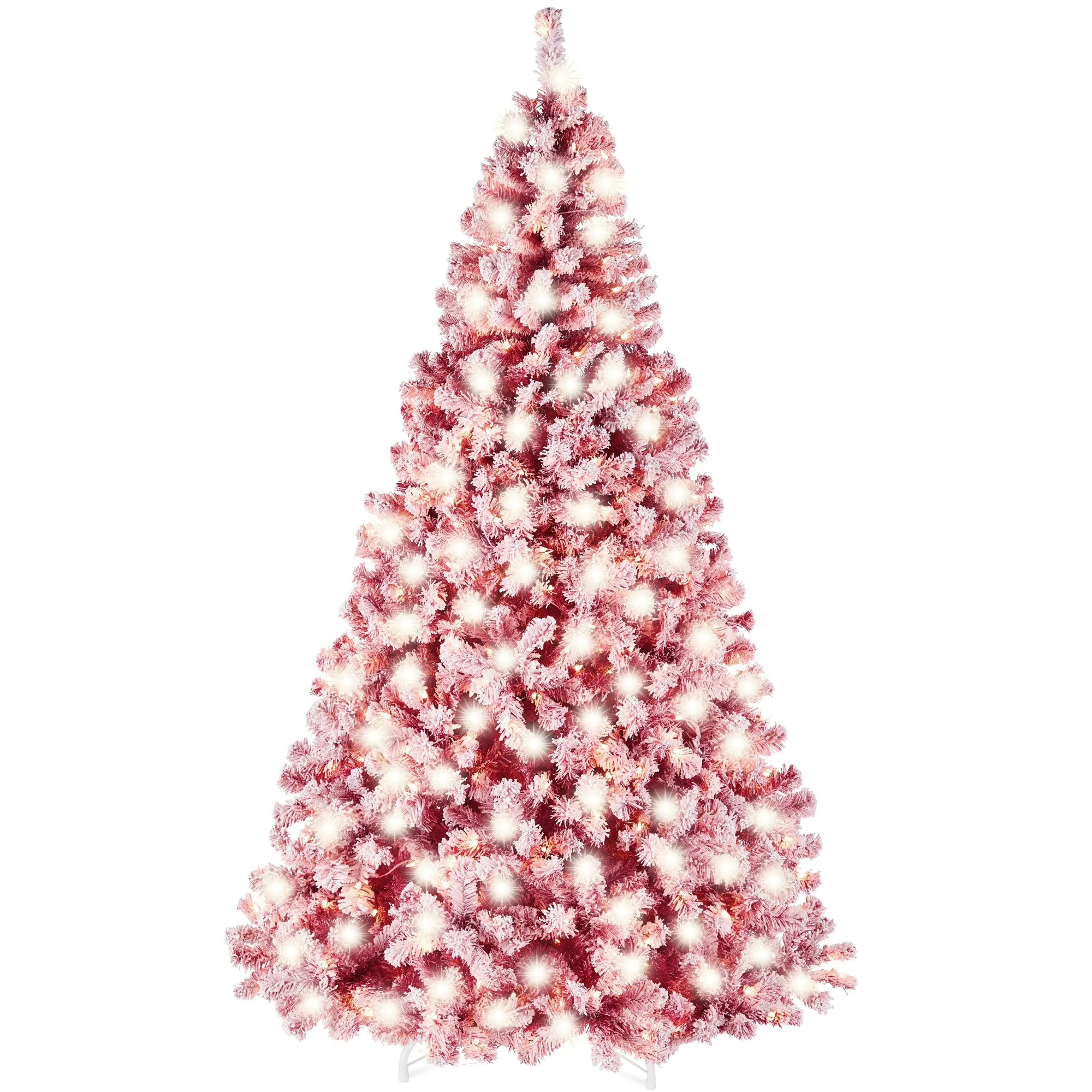 Pre-Lit Red Flocked Artificial Pine Christmas Tree w/ White Lights