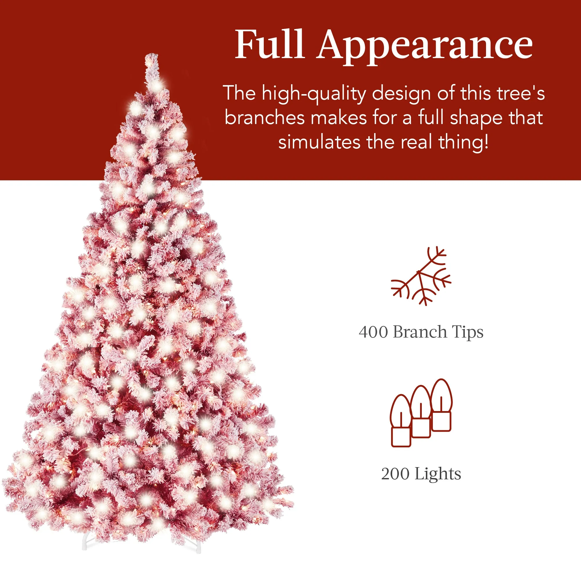 Pre-Lit Red Flocked Artificial Pine Christmas Tree w/ White Lights
