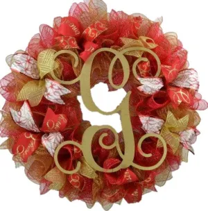 Red and Gold Monogram Letter Welcome Mesh Christmas Front Door Wreath