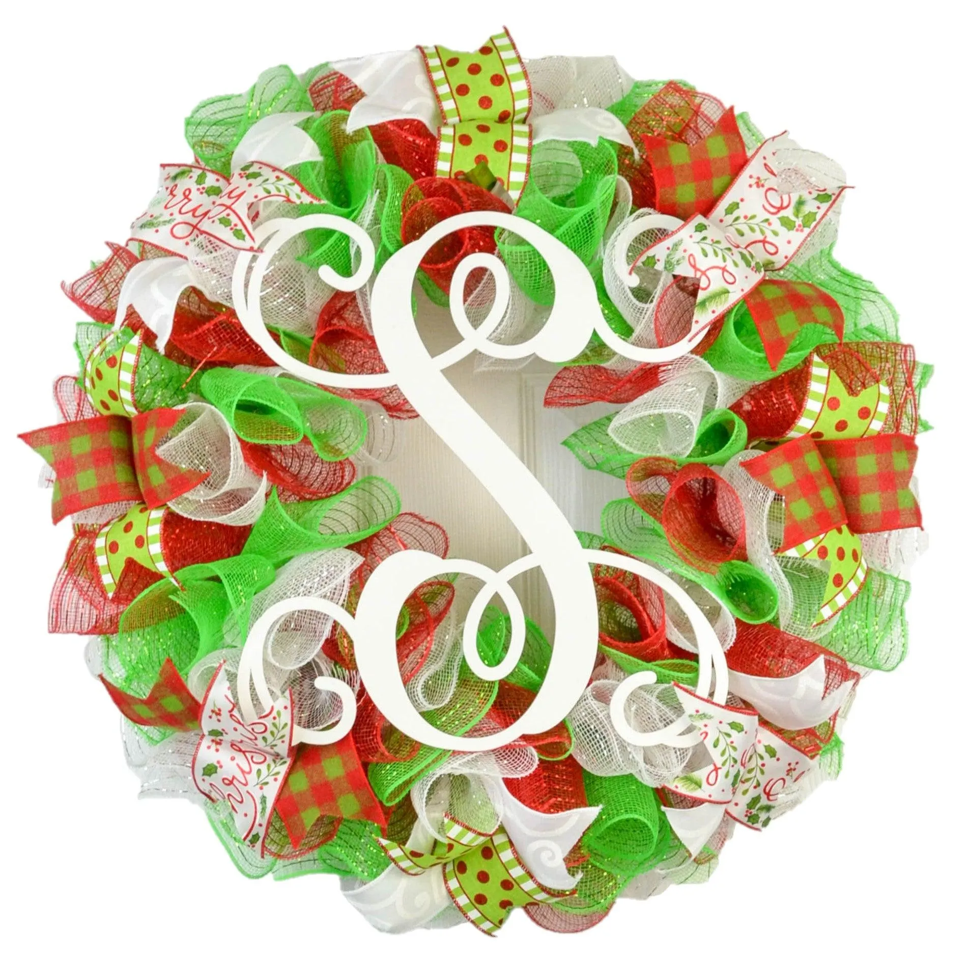 Red Lime Green White Christmas Wreath - Outdoor Holiday Front Door Decorations - Porch Decor TB15