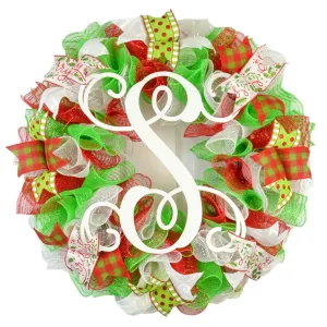 Red Lime Green White Christmas Wreath - Outdoor Holiday Front Door Decorations - Porch Decor TB15