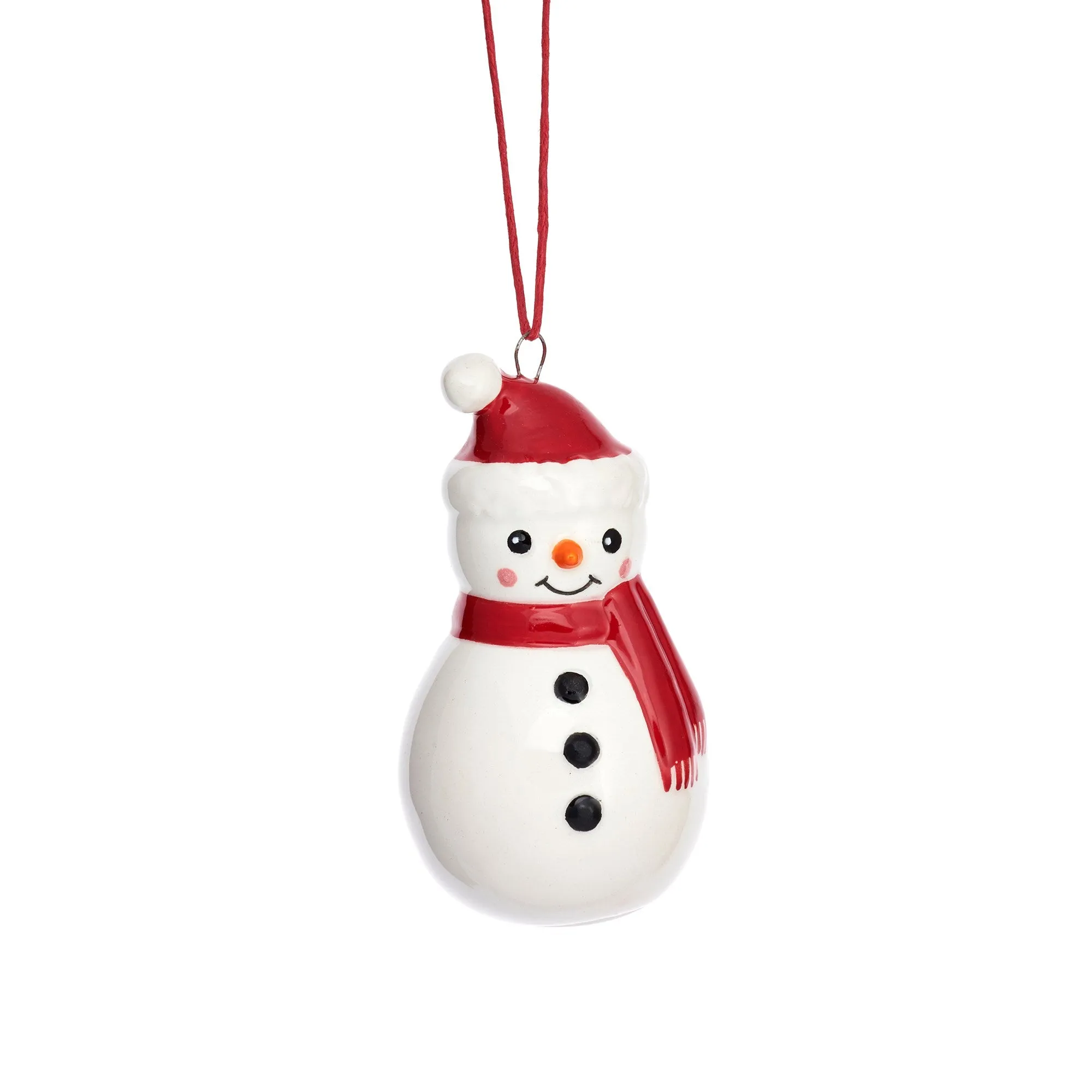Sass & Belle Ceramic Snowman With Carrot Nose, Rosy Cheeks & Santa Hat Christmas Tree Ornament