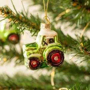 Sass & Belle Glass Green Tractor Ornament