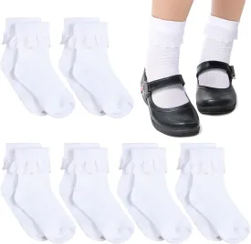 SATINIOR 6 Pairs Girls Ruffle Socks White Ruffled Lace Trim Eyelet Frilly Dress Socks for School Toddler Preschool