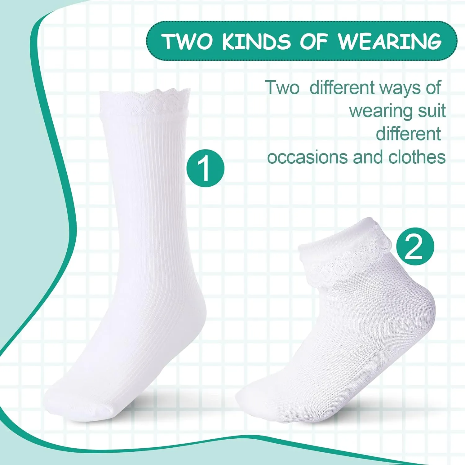 SATINIOR 6 Pairs Girls Ruffle Socks White Ruffled Lace Trim Eyelet Frilly Dress Socks for School Toddler Preschool