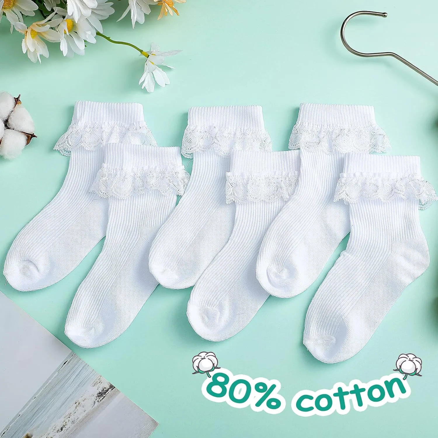 SATINIOR 6 Pairs Girls Ruffle Socks White Ruffled Lace Trim Eyelet Frilly Dress Socks for School Toddler Preschool