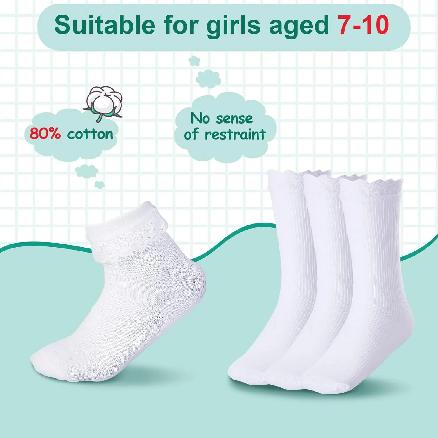 SATINIOR 6 Pairs Girls Ruffle Socks White Ruffled Lace Trim Eyelet Frilly Dress Socks for School Toddler Preschool